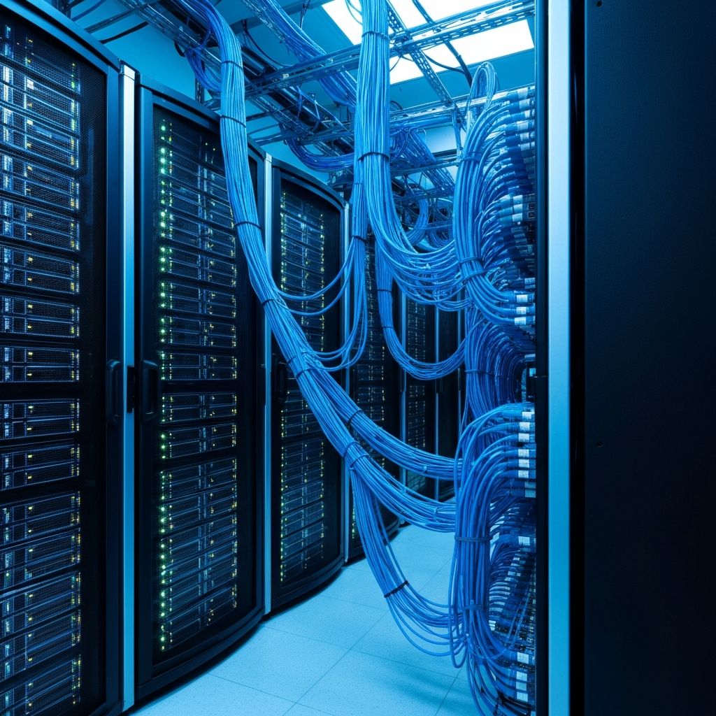 Modern server room with blue lighting and network infrastructure