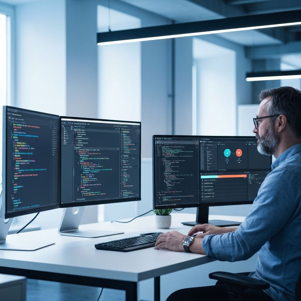 Modern software development workspace with multiple monitors